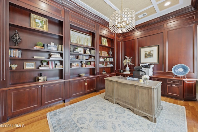 13 Mooring Line Ct Unit 1463, Bluffton, SC 29910 - office space with light wood-type flooring, visible vents, a chandelier, coffered ceiling, and built in shelves