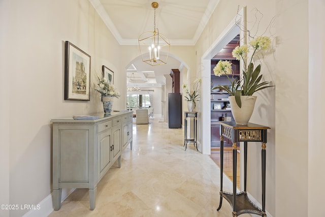 13 Mooring Line Ct Unit 1463, Bluffton, SC 29910 - hall featuring crown molding, baseboards, arched walkways, and a notable chandelier