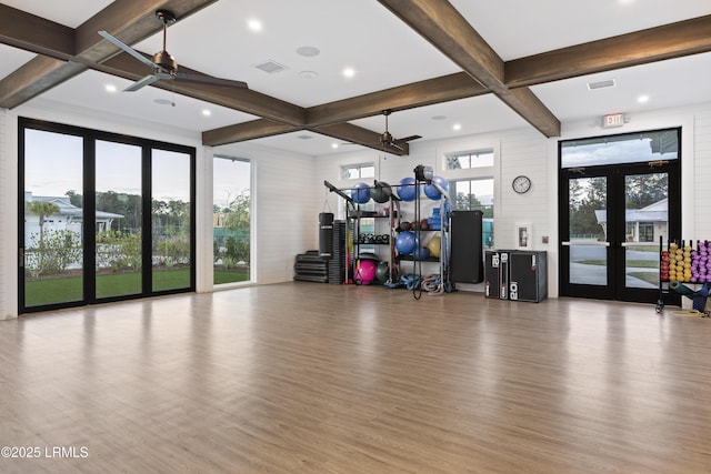 782 Azalea Dr, Hardeeville, SC 29927 - workout area featuring ceiling fan, wood finished floors, coffered ceiling, recessed lighting, and french doors