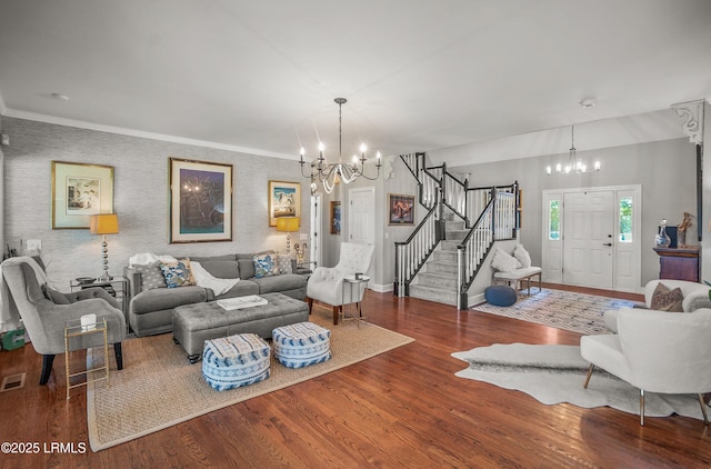 70 Dolphin Point Dr, Beaufort, SC 29907 - living area with a chandelier, wood finished floors, and stairway
