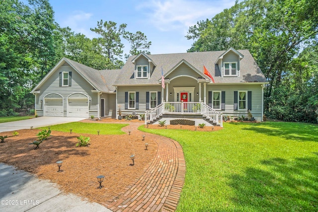 70 Dolphin Point Dr, Beaufort, SC 29907 - new england style home with concrete driveway, a front yard, and a shingled roof