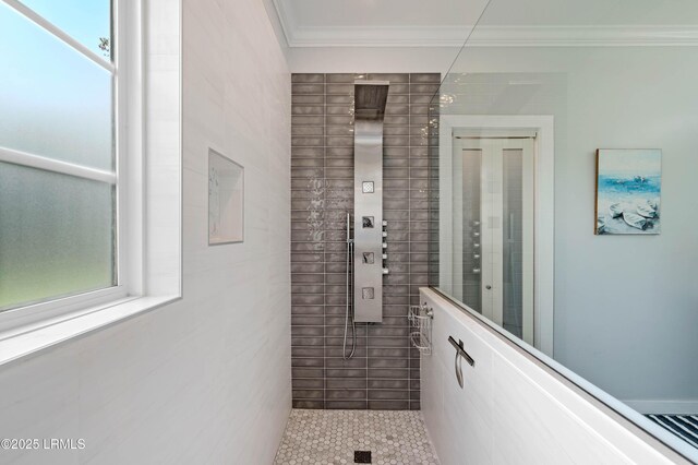 170 Pinecrest Cir, Bluffton, SC 29910 - full bath with crown molding, walk in shower, tile patterned floors, and tile walls