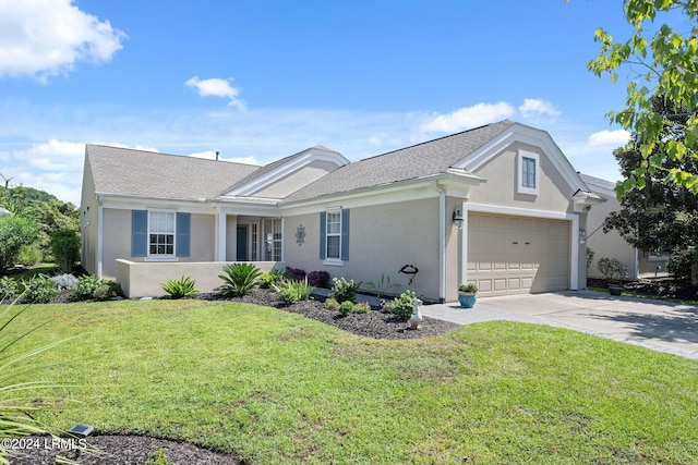 single story home featuring stucco siding, driveway, roof with shingles, and a front yard