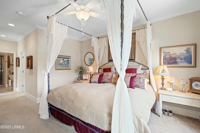 carpeted bedroom with recessed lighting, crown molding, baseboards, and ceiling fan