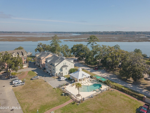 drone / aerial view featuring a water view