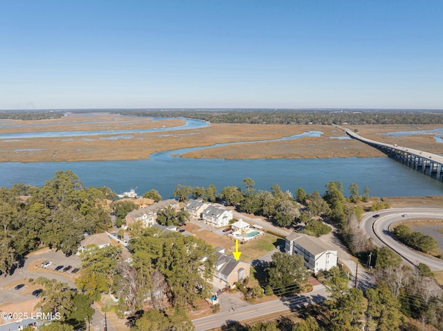 drone / aerial view with a water view