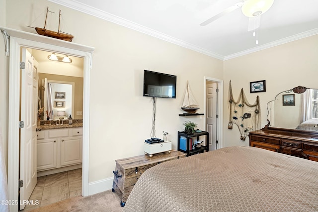 bedroom with connected bathroom, light colored carpet, a ceiling fan, baseboards, and ornamental molding