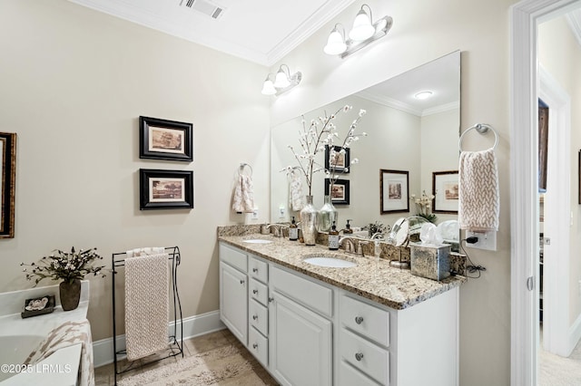 full bath with crown molding, visible vents, a sink, and double vanity