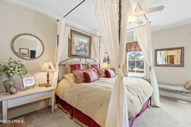 carpeted bedroom featuring crown molding