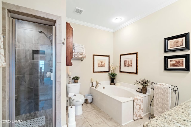 full bath with a stall shower, visible vents, toilet, ornamental molding, and a bath