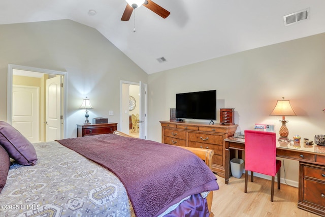 bedroom featuring ceiling fan, high vaulted ceiling, and light hardwood / wood-style floors