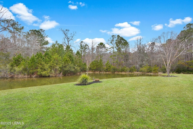 view of yard featuring a water view and a view of trees