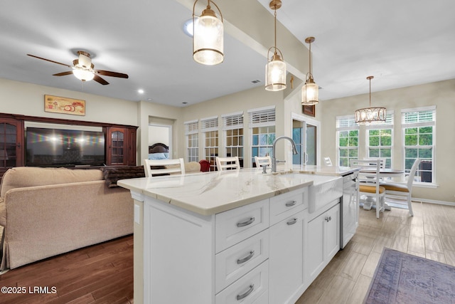 kitchen with light stone countertops, a sink, stainless steel dishwasher, and wood finished floors