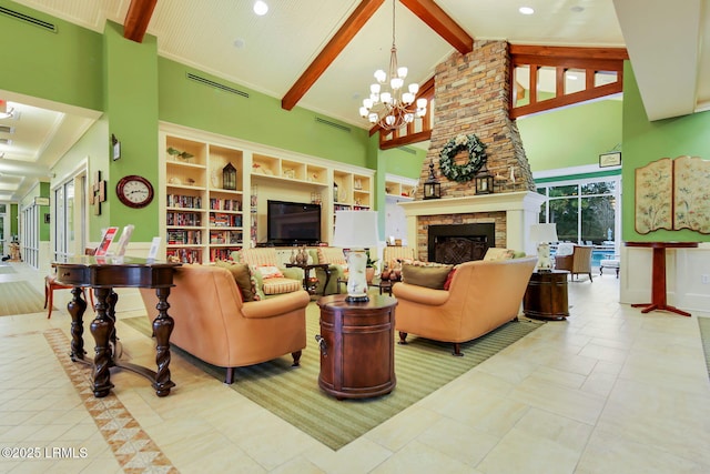 living room featuring high vaulted ceiling, a fireplace, beamed ceiling, and visible vents