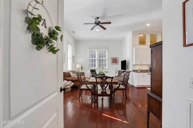 10 Abbey Row Unit 1A, Beaufort, SC 29906 - dining space featuring dark wood-style floors, visible vents, recessed lighting, and ceiling fan
