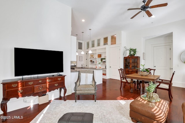 10 Abbey Row Unit 1A, Beaufort, SC 29906 - living area featuring recessed lighting, built in shelves, dark wood-type flooring, and a ceiling fan