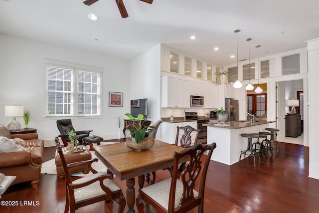 10 Abbey Row Unit 1A, Beaufort, SC 29906 - dining space with a towering ceiling, recessed lighting, ceiling fan, and dark wood-style flooring