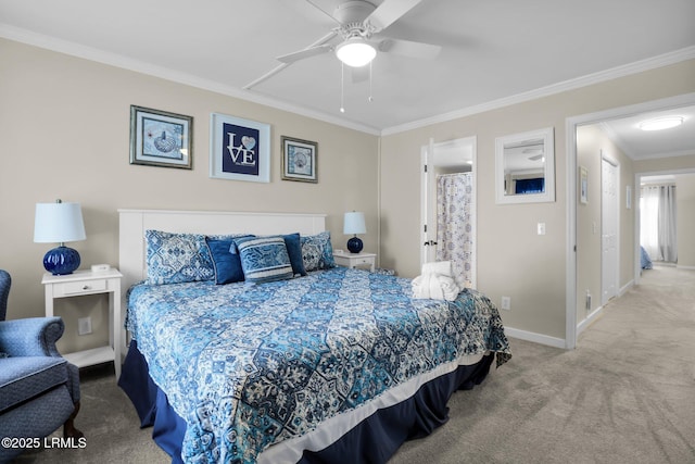 bedroom with ceiling fan, carpet flooring, and ornamental molding