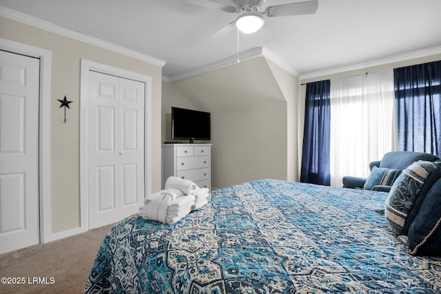 carpeted bedroom featuring ceiling fan and ornamental molding