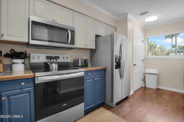 kitchen with crown molding, dark wood-type flooring, appliances with stainless steel finishes, white cabinets, and blue cabinets