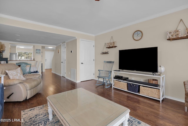 living room featuring ornamental molding and dark hardwood / wood-style flooring