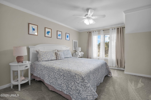 bedroom with ceiling fan, ornamental molding, and carpet