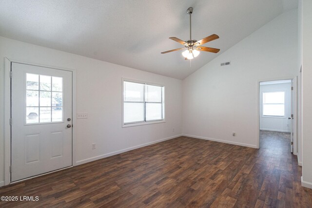 foyer with a ceiling fan, dark wood-style flooring, visible vents, and baseboards