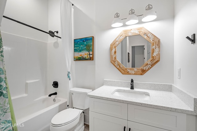 full bath with shower / bath combo with shower curtain, toilet, and vanity