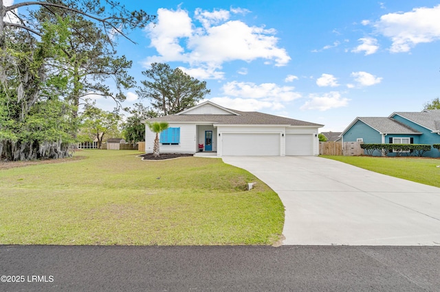 ranch-style home featuring fence, a front yard, concrete driveway, and an attached garage