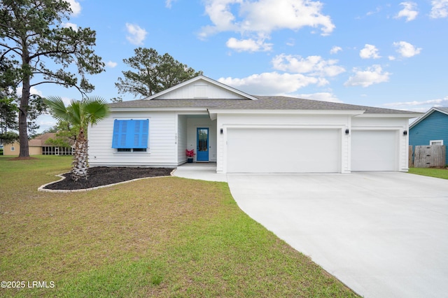 ranch-style house with concrete driveway, a front lawn, an attached garage, and fence