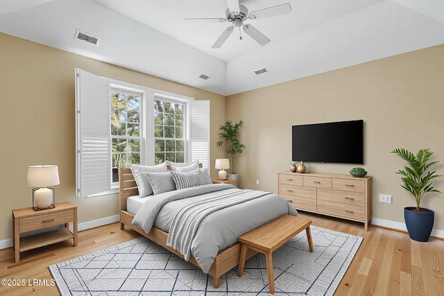 bedroom with light wood-style flooring, visible vents, and baseboards