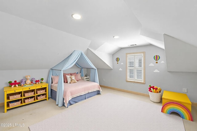 bedroom featuring recessed lighting, lofted ceiling, visible vents, and carpet
