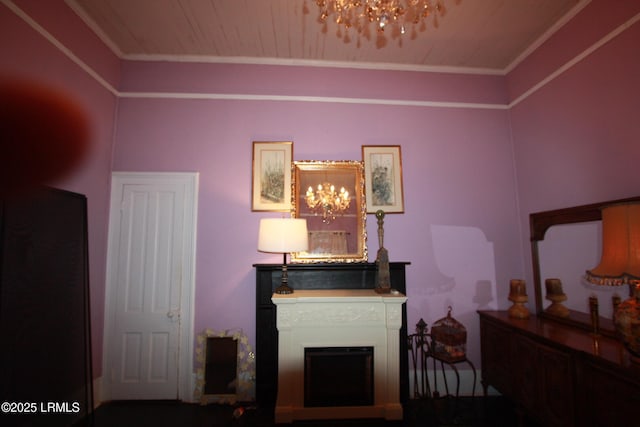 interior space with crown molding, an inviting chandelier, and wooden ceiling