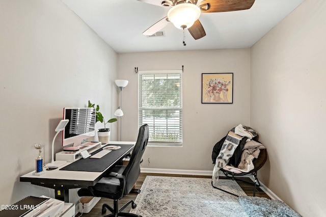 office featuring ceiling fan and wood-type flooring