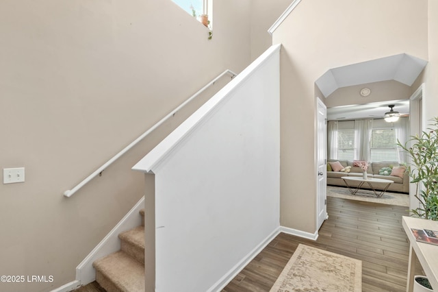 staircase featuring vaulted ceiling, hardwood / wood-style floors, and ceiling fan