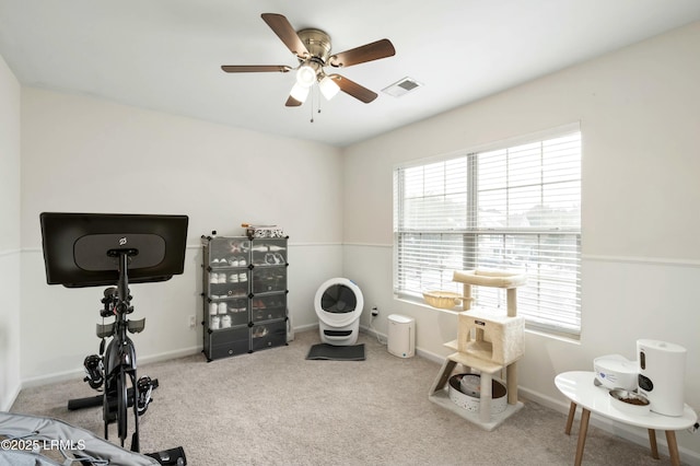 interior space featuring carpet and ceiling fan