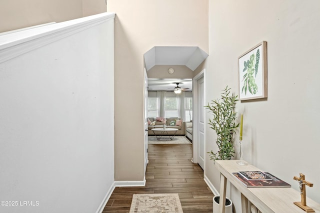 hallway with dark wood-type flooring and a high ceiling