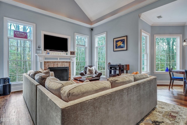 living room with a fireplace, wood-type flooring, ornamental molding, and vaulted ceiling