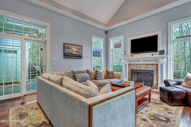 living room featuring lofted ceiling, hardwood / wood-style flooring, a fireplace, and a healthy amount of sunlight