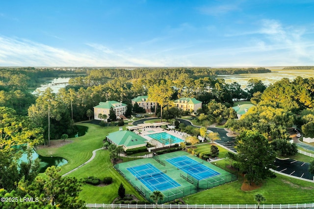 birds eye view of property featuring a water view