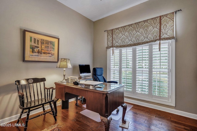 home office featuring dark hardwood / wood-style floors