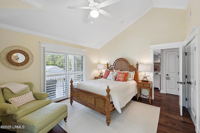 bedroom featuring dark hardwood / wood-style floors, high vaulted ceiling, ornamental molding, access to outside, and ceiling fan