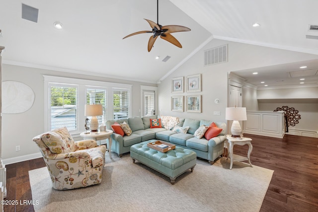 living room with crown molding, dark wood-type flooring, high vaulted ceiling, and ceiling fan