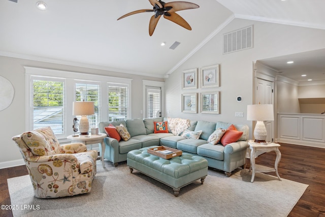 living room with crown molding, high vaulted ceiling, dark hardwood / wood-style floors, and ceiling fan