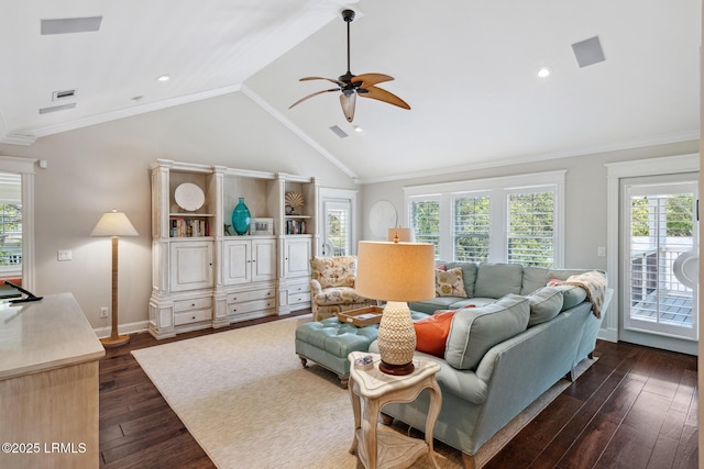 living room with dark hardwood / wood-style flooring, crown molding, vaulted ceiling, and ceiling fan