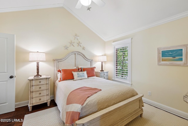 bedroom featuring ceiling fan, ornamental molding, vaulted ceiling, and wood-type flooring