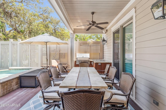 view of patio with ceiling fan, a swimming pool, and area for grilling