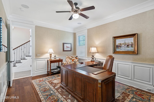 office space with dark hardwood / wood-style flooring, crown molding, and ceiling fan