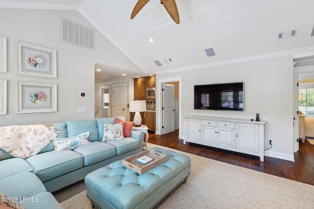 living room featuring dark hardwood / wood-style flooring, crown molding, high vaulted ceiling, and ceiling fan