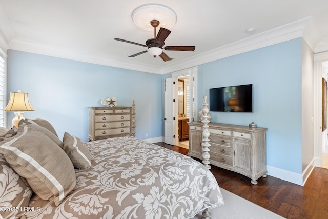 bedroom with dark hardwood / wood-style flooring, crown molding, and ceiling fan